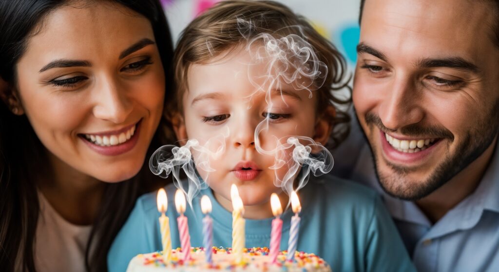 Family celebrating birthday as child blows out candles on cake with happy expressions. Joyful birthday moment captured with parents celebrating child's special day.