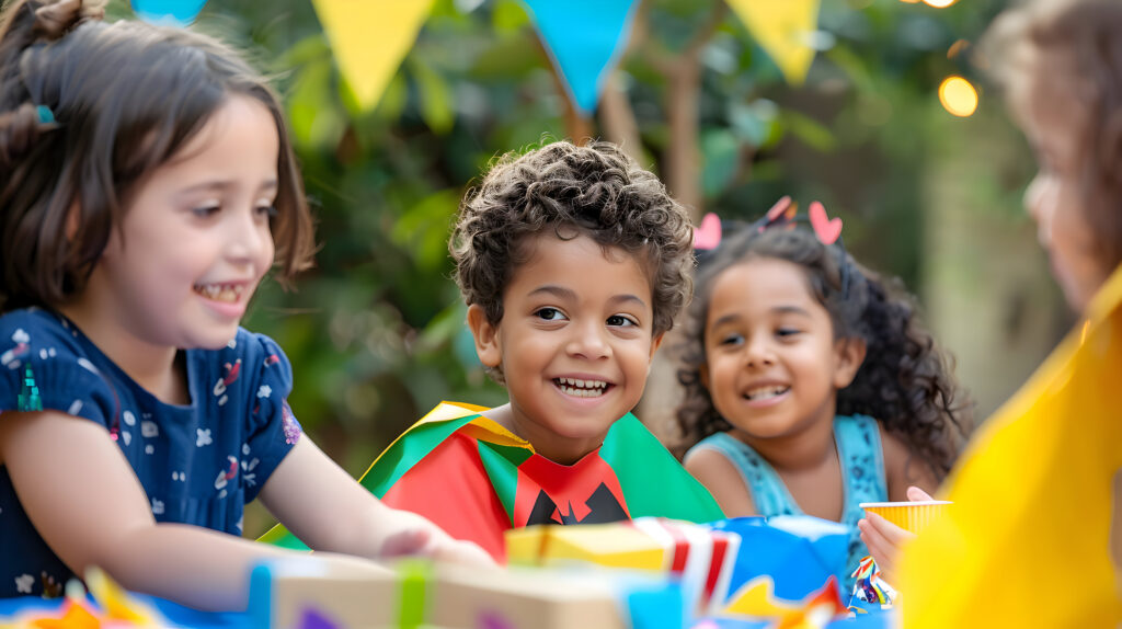 a group of children celebrating a outdoor superhero birthday party in the garden. Kids wearing capes and opening presents at a themed party